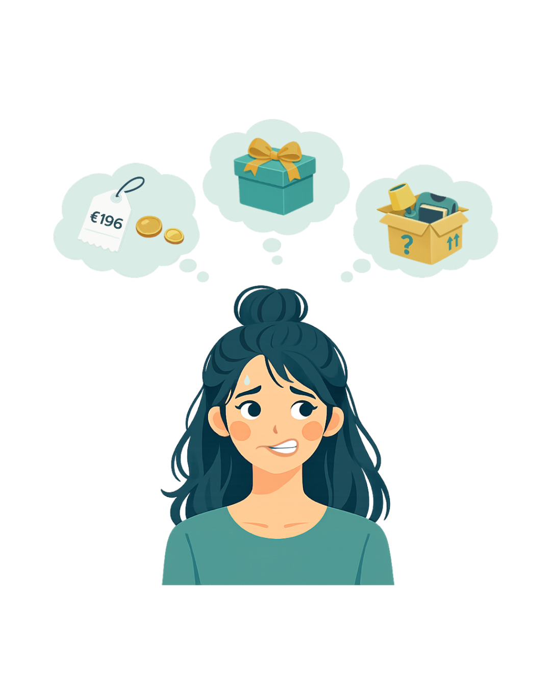 Illustratie van een vrouw die twijfelend kijkt, met niet-helpende gedachtewolken boven haar hoofd over geld, een cadeau en een verhuisdoos met spullen.