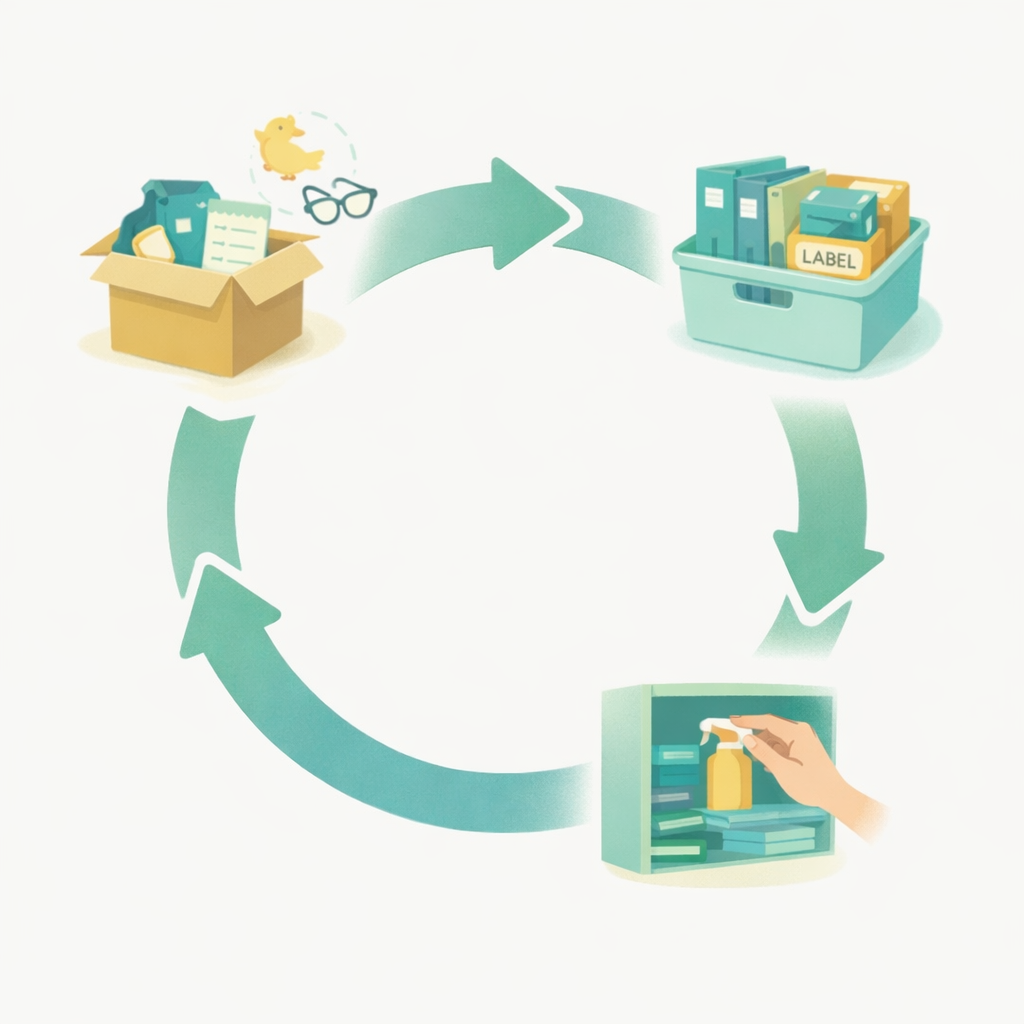 Illustratie van de cyclus opruimen, organiseren en onderhouden: een verhuisdoos met spullen, gelabelde items en een hand die iets terugplaatst in een kast.